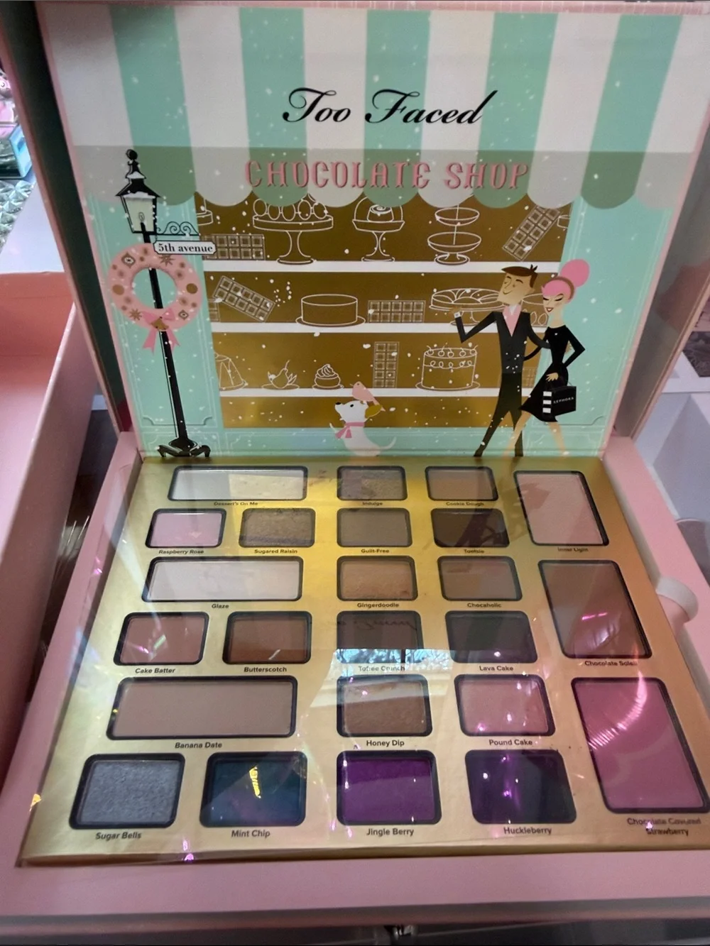 Too Faced Pink Holiday Gift Box with Mint Wreath Graphic